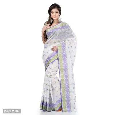 dB DESH BIDESH Women Pure Cotton Traditional Handloom Bengal Tant Saree Noyonchuri Design Without Blouse Piece (White Purple Green)