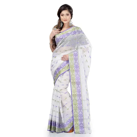 dB DESH BIDESH Women Bengal Tant Traditional Handloom Pure Saree Noyonchuri Design Without Blouse Piece (Blue Sweet Pink)