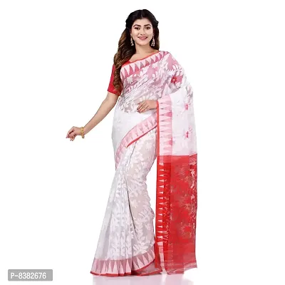 Bengal Cotton Tant Women`s Bengal Handloom Tant Soft Dhakai Jamdani Cotton Saree Whole Body Design (RED WHITW)