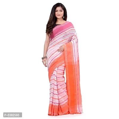 dB DESH BIDESH Women`s Traditional Bengali Bengamuri Pure Handloom Cotton Saree With Blouse Piece (Pink White Orange)-thumb0