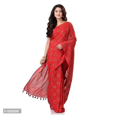 Bengal Cotton Women`s Bengal Tant Abhra Fabric Design Pure Cotton Handloom Saree With Blouse Piece (Red)