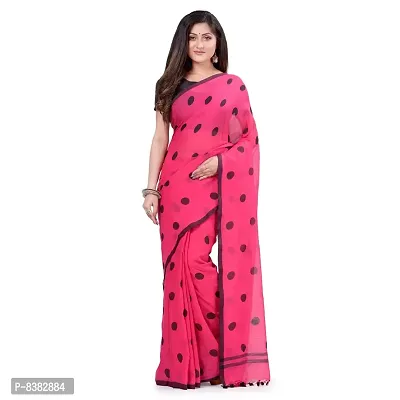 dB DESH BIDESH Women`s Traditional Soft Mulmul Polka Dots Design Pure Cotton Handloom Saree Without Blouse Piece (Rose Black)-thumb0