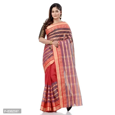 dB DESH BIDESH Women`s Traditional Bengali 3D Temple Design Pure Handloom Cotton Saree Without Blouse Piece (Red Blue)