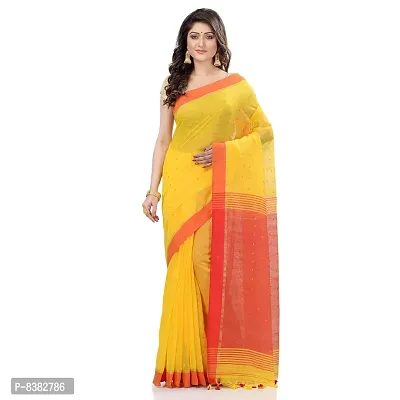 dB DESH BIDESH Women`s Tant Silk Handloom Cotton Saree Sequence Work With Blouse Piece (Yellow Red)-thumb4