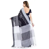 dB DESH BIDESH Women`s Traditional Bengal Handloom Tant Pure Cotton Saree Pompom Desigined With Blouse Piece (Deep Black Grey White)-thumb2