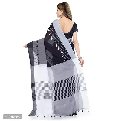 dB DESH BIDESH Women`s Traditional Bengal Handloom Tant Pure Cotton Saree Pompom Desigined With Blouse Piece (Deep Black Grey White)-thumb3