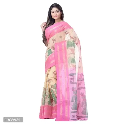 dB DESH BIDESH Women's Shakuntala Design Printed Tant Handloom Pure Cotton Saree Without Blouse Piece (Pink  Off-White)-thumb2