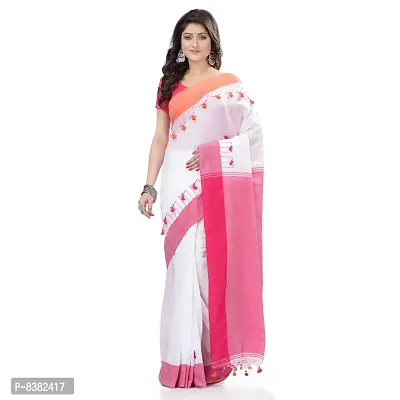 dB DESH BIDESH Women`s Traditional Bengal Handloom Tant Pure Cotton Saree Pompom Desigined With Blouse Piece (White Pink)