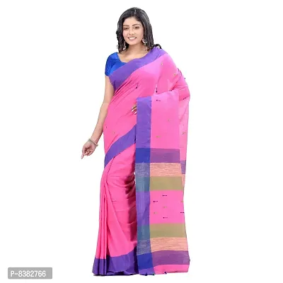 dB DESH BIDESH Women`s Traditional Bengali Tant Handloom Cotton Saree With Blouse Piece (Pink Blue Green)
