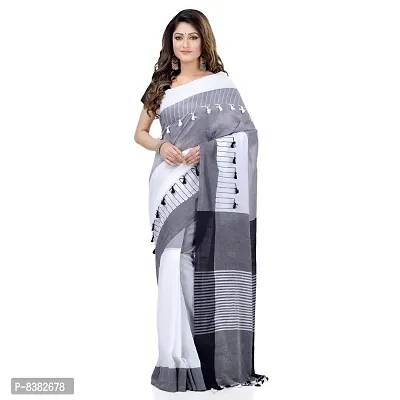 dB DESH BIDESH Women`s Traditional Bengali Handloom Tant Pure Cotton Saree Pompom Desigined With Blouse Piece (Light Black Grey White)