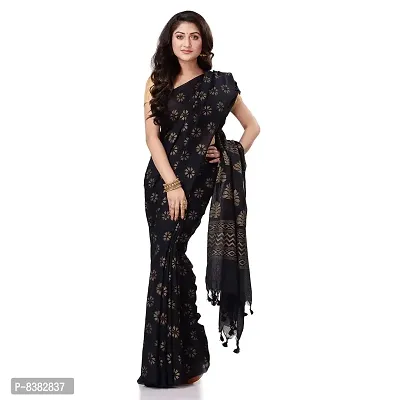 Bengal Cotton Women`s Bengal Tant Abhra Fabric Design Pure Cotton Handloom Saree With Blouse Piece (Black)