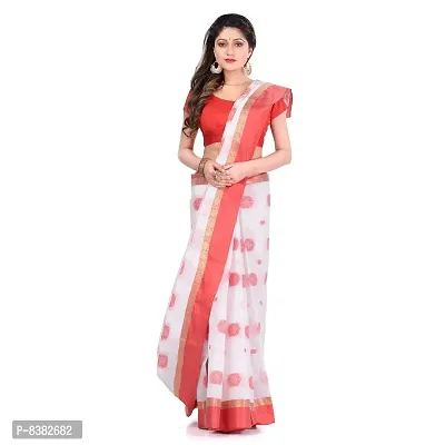 dB DESH BIDESH Women`s Traditional Soft Mulmul Bengal Handloom Pure Cotton Saree Without Blouse Piece (White Orange Green)