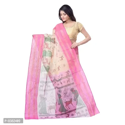 dB DESH BIDESH Women's Shakuntala Design Printed Tant Handloom Pure Cotton Saree Without Blouse Piece (Pink  Off-White)-thumb5