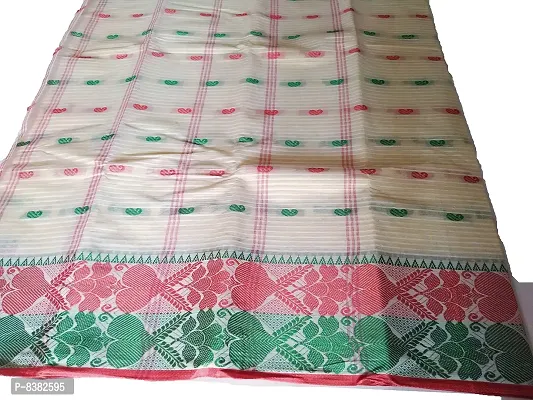 dB DESH BIDESH Women Pure Cotton Traditional Handloom Bengal Tant Saree Noyonchuri Design Without Blouse Piece (White Red Green)-thumb2