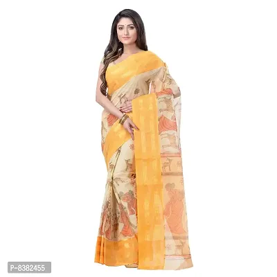 dB DESH BIDESH Women's Shakuntala Design Printed Tant Handloom Pure Cotton Saree Without Blouse Piece (Yellow & Off-White)