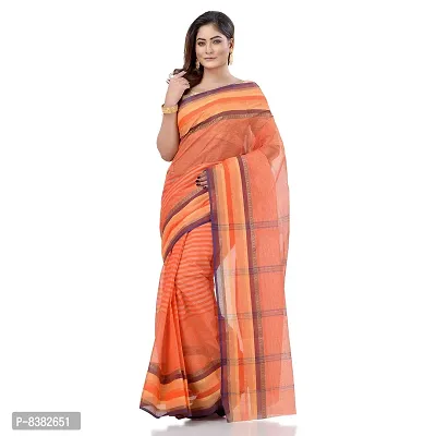 dB DESH BIDESH Women`s Bengali Tant Khejur Chori Pure Handloom Cotton Saree Without Blouse Piece (Orange)