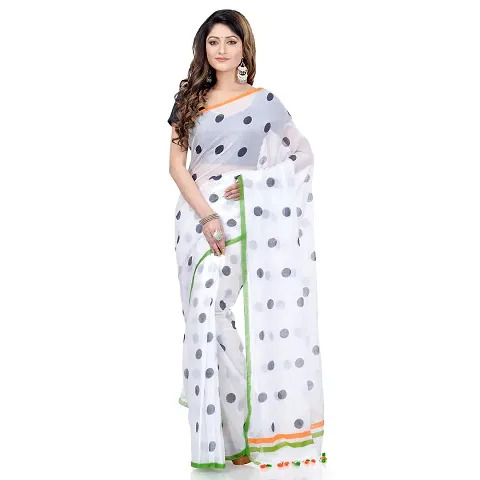 Bengal Tant Women`s Traditional Hand Woven Malmal Bengal Handloom Pure Saree Without Blouse Piece (White Green)