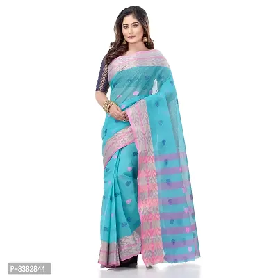 dB DESH BIDESH Women`s Bengal Tant Potrobinnas Pure Handloom Cotton Saree Without Blouse Piece (Blue)