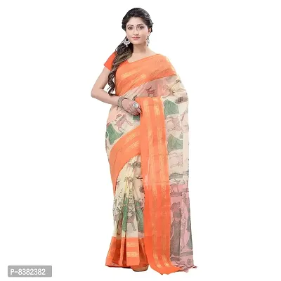 dB DESH BIDESH Women's Shakuntala Design Printed Tant Handloom Pure Cotton Saree Without Blouse Piece (Orange Off-White)