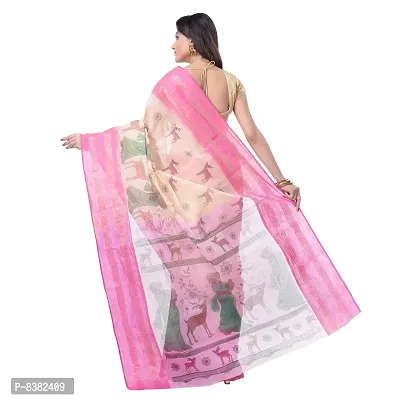 dB DESH BIDESH Women's Shakuntala Design Printed Tant Handloom Pure Cotton Saree Without Blouse Piece (Pink  Off-White)-thumb3