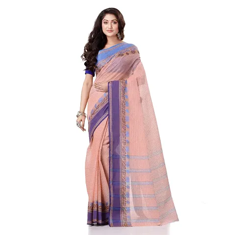 dB DESH BIDESH Women`s Traditional Bengal Tant Pure Handloom Cotton Saree Jol Torongo Woven Design Without Blouse Piece