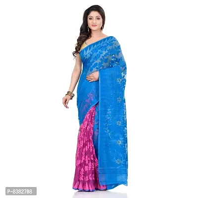 Bengal Cotton Tant Women`s Bengal Handloom Tant Soft Dhakai Jamdani Cotton Saree Whole Body Design (Blue Pink)