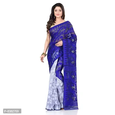 Bengal Cotton Tant Women`s Bengal Handloom Tant Soft Dhakai Jamdani Cotton Saree Whole Body Design (Blue White)