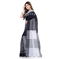 dB DESH BIDESH Women`s Traditional Bengal Handloom Tant Pure Cotton Saree Pompom Desigined With Blouse Piece (Deep Black Grey White)-thumb1