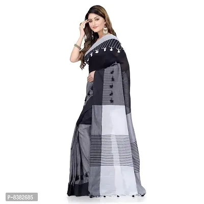 dB DESH BIDESH Women`s Traditional Bengal Handloom Tant Pure Cotton Saree Pompom Desigined With Blouse Piece (Deep Black Grey White)-thumb2