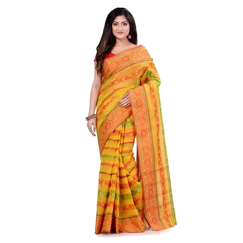 dB DESH BIDESH Women Pure Traditional Handloom Bengal Tant Saree Noyonchuri Design Without Blouse Piece (DBNOYONCHURI8_White_brown_skyBlue)