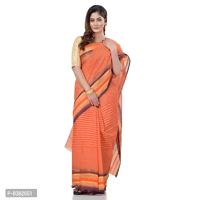 dB DESH BIDESH Women`s Bengali Tant Khejur Chori Pure Handloom Cotton Saree Without Blouse Piece (Orange)-thumb4