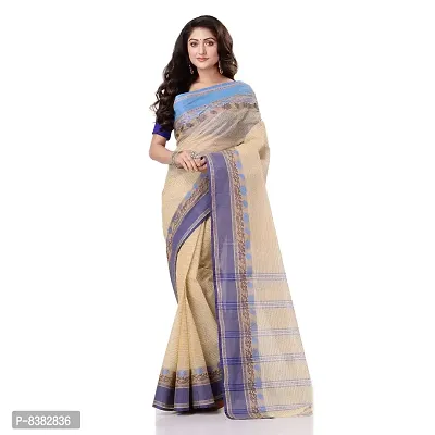 dB DESH BIDESH Women`s Traditional Bengal Tant Pure Handloom Cotton Saree Jol Torongo Woven Design Without Blouse Piece (Offwhite Blue)-thumb4