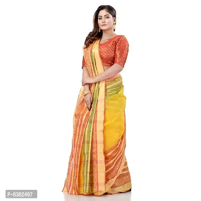 dB DESH BIDESH Women`s Traditional Bengali 3D Temple Design Pure Handloom Cotton Saree Without Blouse Piece (Yellow)-thumb5