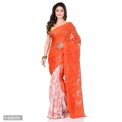 Bengal Cotton Tant Women`s Bengal Handloom Tant Soft Dhakai Jamdani Cotton Saree Whole Body Design (ORANGE WHITE)