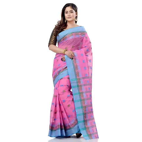 dB DESH BIDESH Women`s Traditional Bengali Tant Lotus Design Pure Handloom Cotton Saree Without Blouse Piece