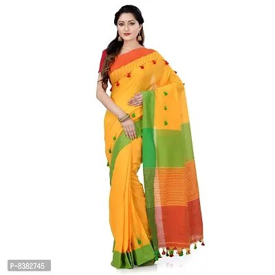 dB DESH BIDESH Women`s Traditional Bengali Handloom Tant Pure Cotton Saree Pompom Desigined With Blouse Piece (Green Yellow Red)-thumb0