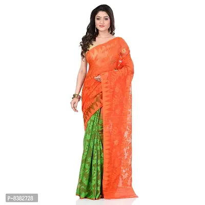 Bengal Cotton Tant Women`s Bengal Handloom Tant Soft Dhakai Jamdani Cotton Saree Whole Body Design (ORANGE GREEN)
