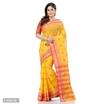 dB DESH BIDESH Women`s Bengal Tant Potrobinnas Pure Handloom Cotton Saree Without Blouse Piece (Yellow)