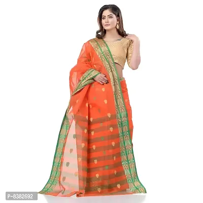 dB DESH BIDESH Women`s Bengal Tant Potrobinnas Pure Handloom Cotton Saree Without Blouse Piece (Orange)-thumb3