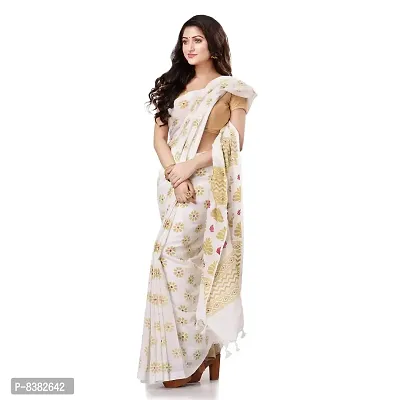 Bengal Cotton Women`s Bengal Tant Abhra Fabric Design Pure Cotton Handloom Saree With Blouse Piece (White)