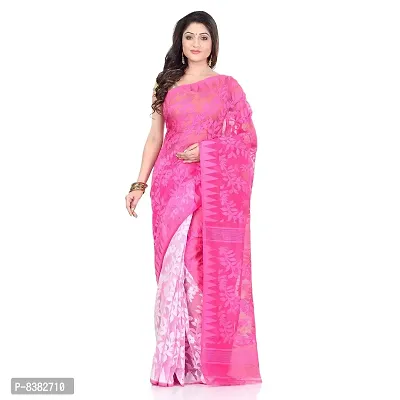 Bengal Cotton Tant Women`s Bengal Handloom Tant Soft Dhakai Jamdani Cotton Saree Whole Body Design (PINK WHITE)