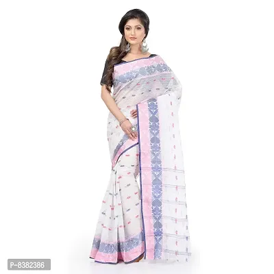 dB DESH BIDESH Women Bengal Tant Traditional Handloom Pure Cotton Saree Noyonchuri Design Without Blouse Piece (Blue Sweet Pink)