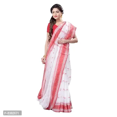 dB DESH BIDESH Women's Tant Cotton Saree With Blouse Piece (DBESAREE141219SP_White And Red)