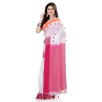 dB DESH BIDESH Women`s Traditional Bengal Handloom Tant Pure Cotton Saree Pompom Desigined With Blouse Piece (White Pink)-thumb2