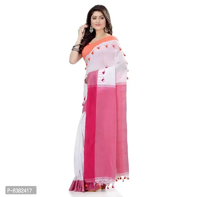 dB DESH BIDESH Women`s Traditional Bengal Handloom Tant Pure Cotton Saree Pompom Desigined With Blouse Piece (White Pink)-thumb3