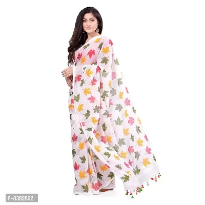 dB DESH BIDESH Women`s Traditional Soft Mulmul Maple Leaf Design Bengal Handloom Pure Cotton Saree Without Blouse Piece (White)