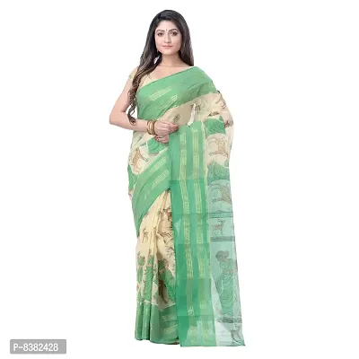 dB DESH BIDESH Women's Shakuntala Design Printed Tant Handloom Pure Cotton Saree Without Blouse Piece (Green & Off-White)