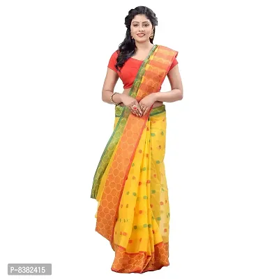 Bengal Cotton Tant Traditional Handloom Bengal Tant Tangail Cotton Saree Thread Woven Handwork Ganga Jamuna Design with Zari Border (Green yellow red)