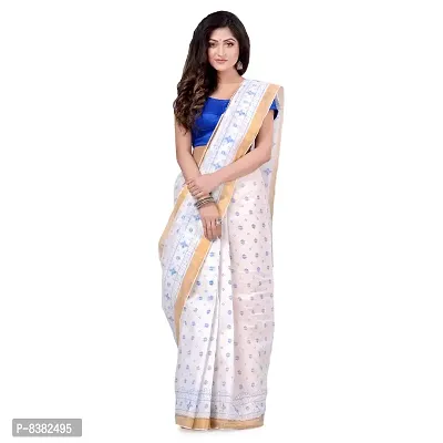 dB DESH BIDESH Women`s Bengal Tant Kerala Print Design Pure Handloom Cotton Saree Without Blouse Piece (White Blue)