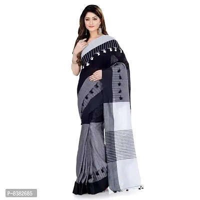 dB DESH BIDESH Women`s Traditional Bengal Handloom Tant Pure Cotton Saree Pompom Desigined With Blouse Piece (Deep Black Grey White)-thumb5